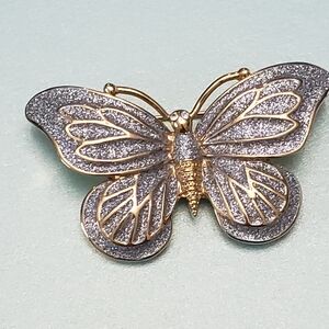 Vintage Butterfly Brooch Scarf Pin Gold with Silver Accents Statement Jewelry